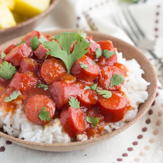 BBQ Hot dogs over Rice