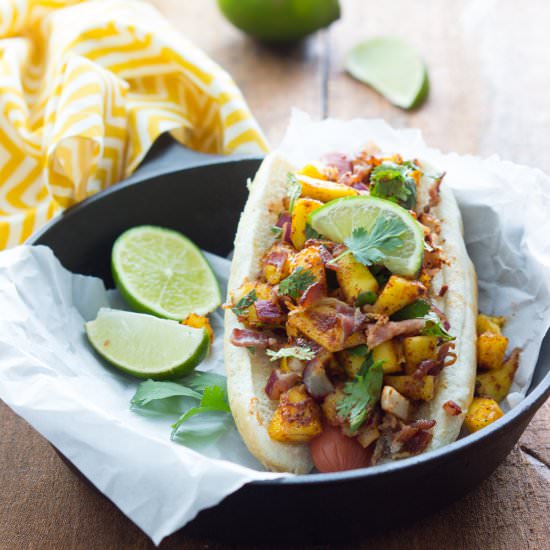 Mango Bacon Salsa-Covered Hot Dogs