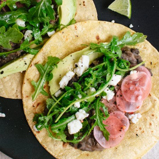 Fresh Arugula and Black Bean Tacos