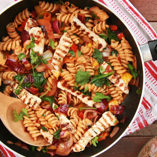 Grilled turkey steaks with fusilli