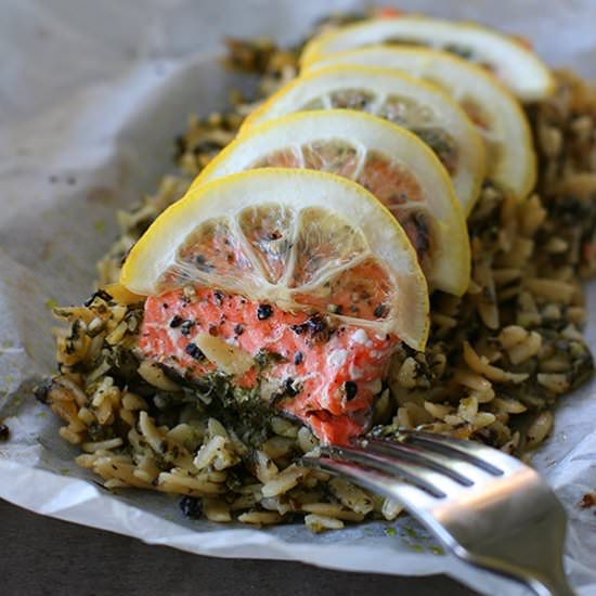 Salmon, Orzo & Arugula en Papillote