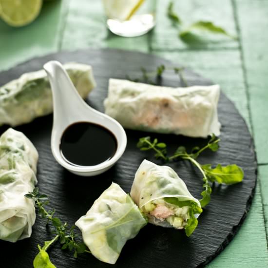 Spring rolls with grilled salmon