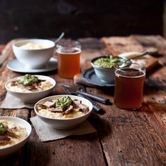 Beer Pesto Chicken with Polenta