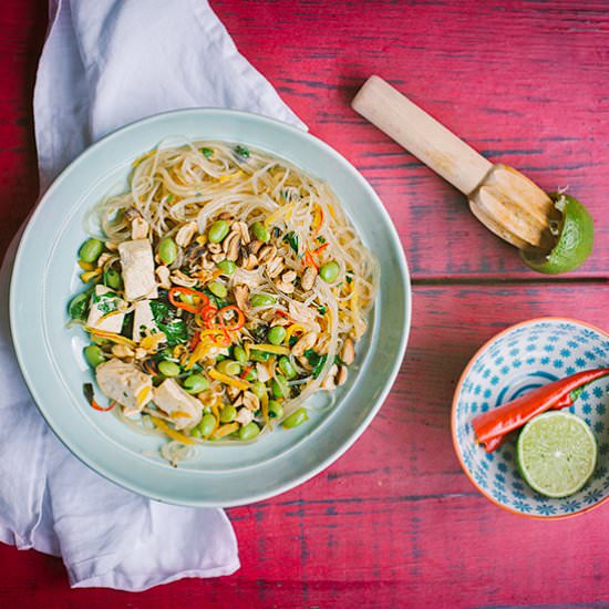 Vegan stir fry with edamame and tofu