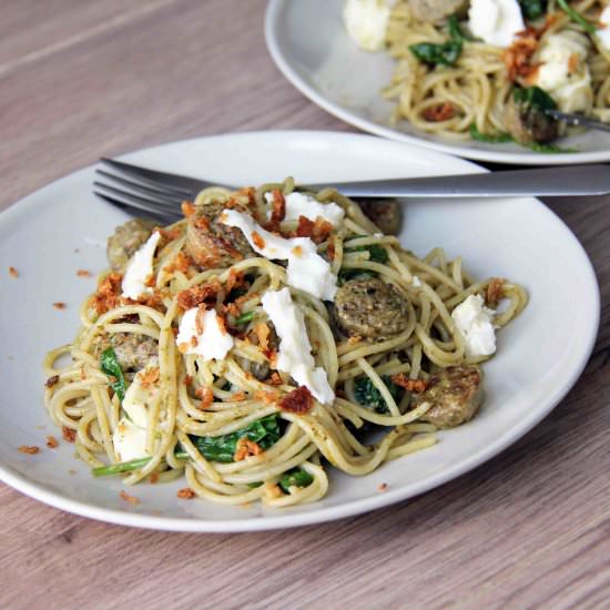 Sausage Pesto Mozzarella Spaghetti