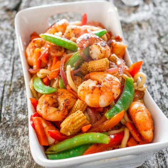 Spicy Black Pepper Shrimp with Udon