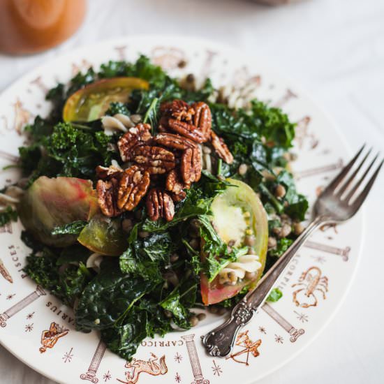 Kale Lentil Pasta Salad w Pecans