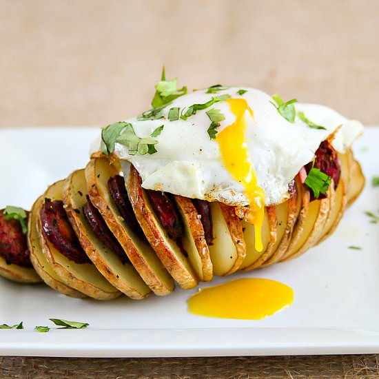 Hasselback Potato with Chorizo and Egg
