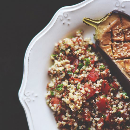Miso eggplants with quinoa salad