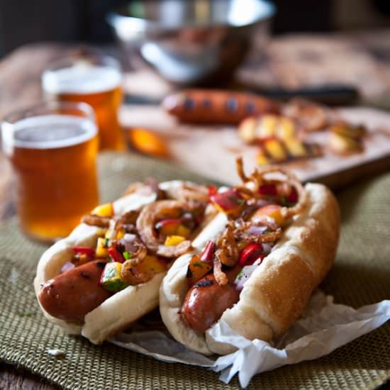 Beer Brat Dogs with Grilled Salsa