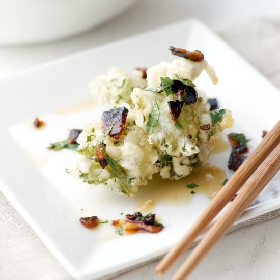 Kale Tempura with Candied Bacon