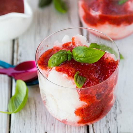 Almond granita with berry puree