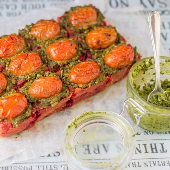 Minty pesto + beet polenta stacks