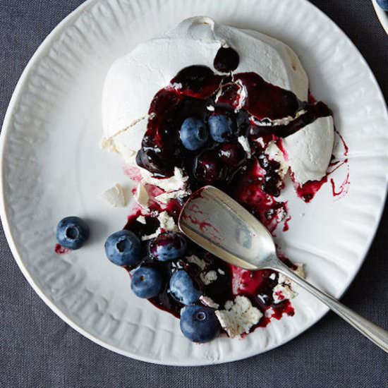 Pavlova with Boozy Blueberry Sauce