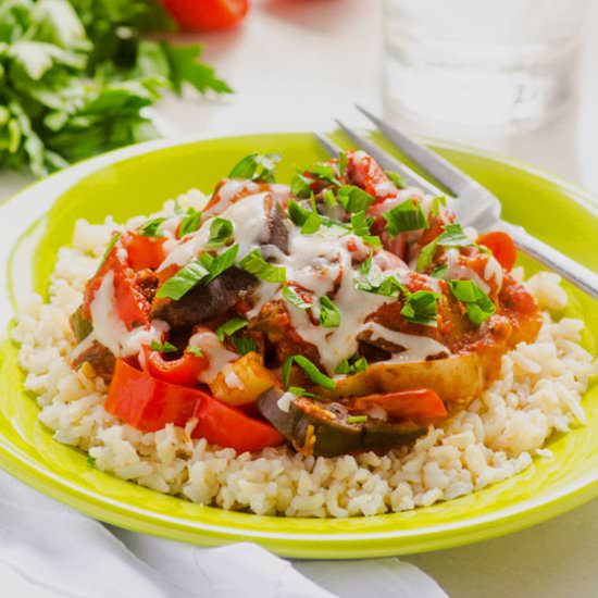 Eggplant Pepper Marinara with Rice