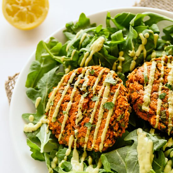 Crispy Sweet Potato + Lentil Cakes