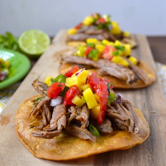 Shredded Beef Tostada + Mango Salsa