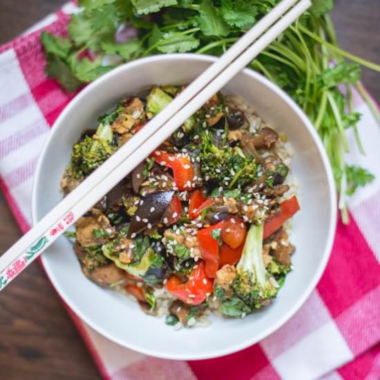 Asian Eggplant, Broccoli and Tempeh