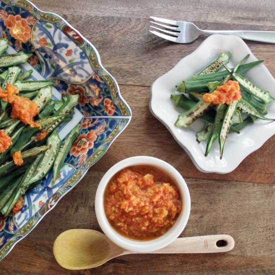 Broiled Okra + Romesco {vegan}