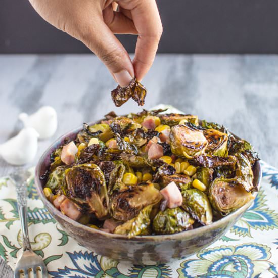 Brussels Sprouts with Ham & Corn