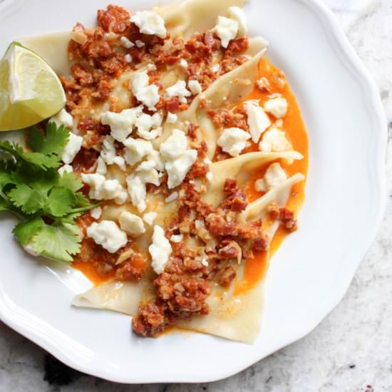 Fresh Corn Ravioli with Chorizo