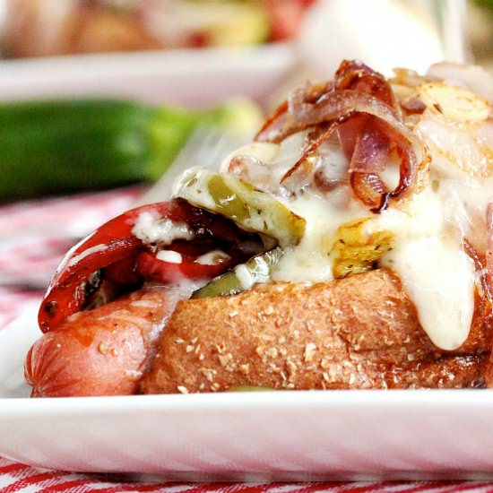 Cheesy Caramelized Onion Hot Dog