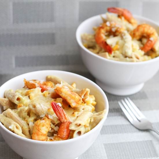 Curry Corn-Zucchini Shrimp Alfredo