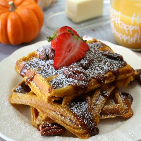 Pumpkin Waffles with Praline Sauce