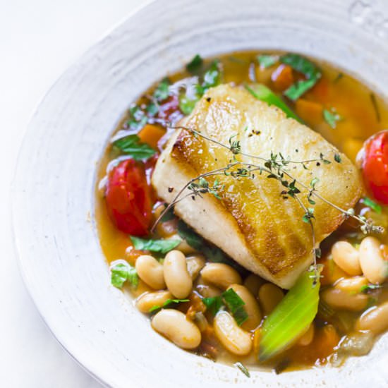 Sea bass w/Cannellini Bean Stew