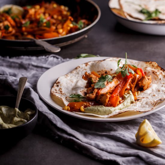 Chicken fajitas with roasted corn