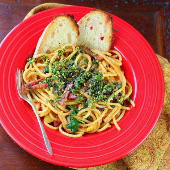 Bucatini with Pistachio Gremolata