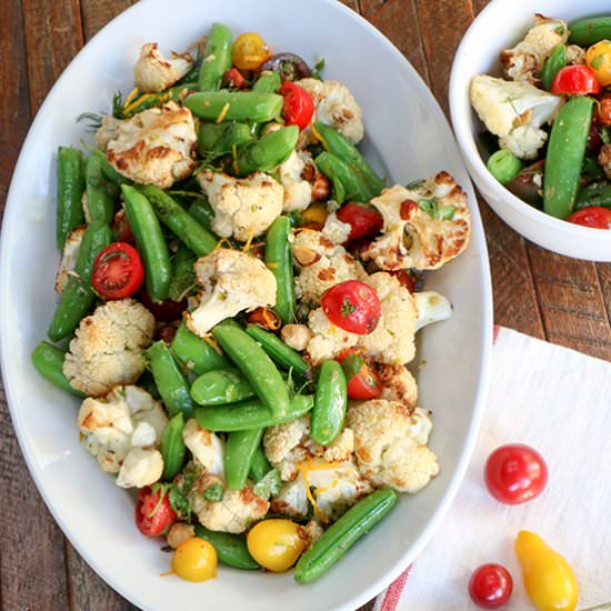 Cauliflower, snap peas & tomatos