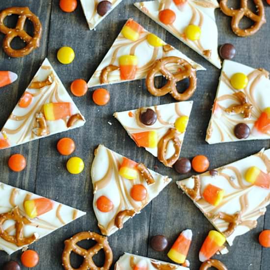 PB Candy Corn Pretzel Bark