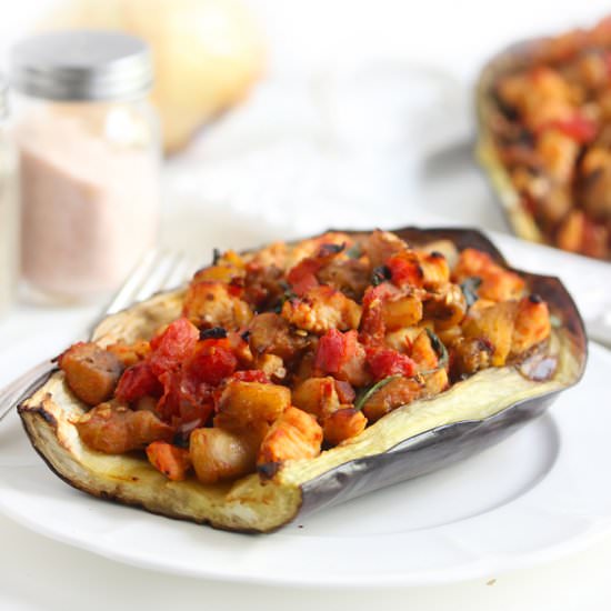 Harissa Chicken Stuffed Eggplant