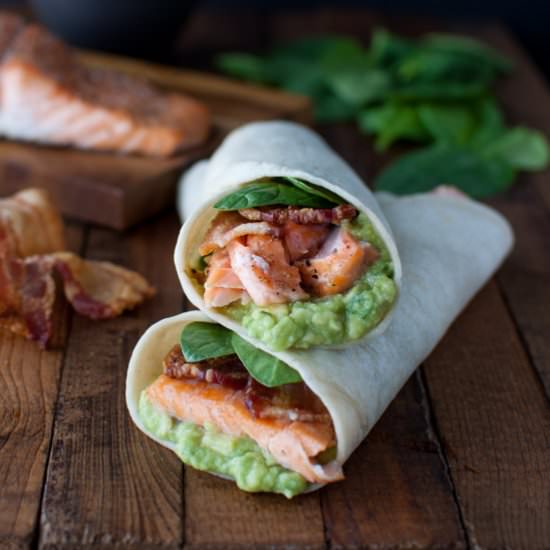Salmon, Guacamole, and Bacon Wraps