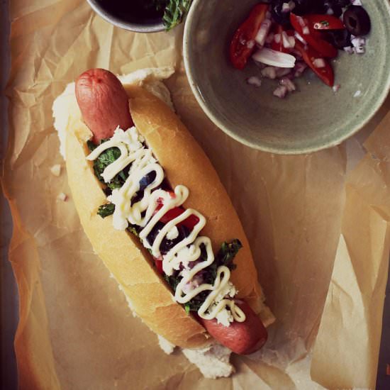 Hot Dogs with Feta, Olive Salsa