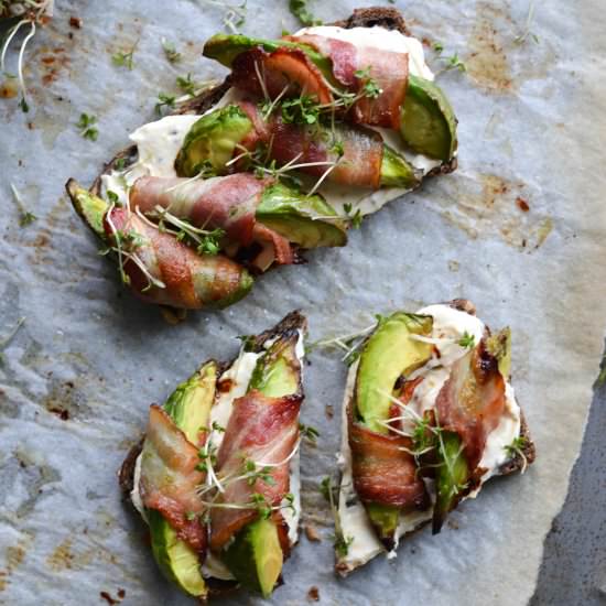 Bacon wrapped avocado on toast