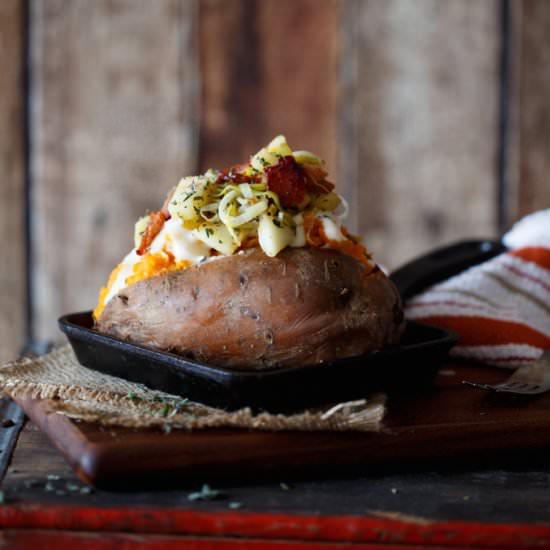 Apple, Bacon, Leek Sweet Potatoes