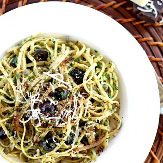 Kale Pesto, Black Olives and Capers