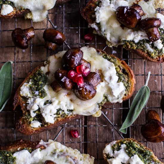 Mushroom, Pesto + Goat Cheese Toast