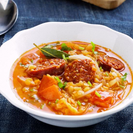 Spicy Chorizo Red Lentil Soup
