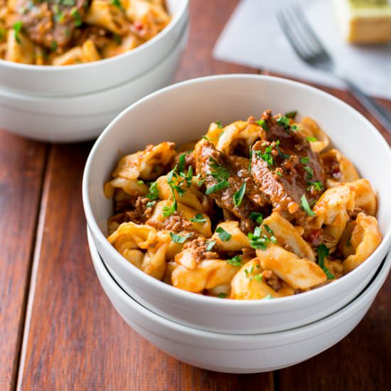 Tortellini with Chunky Beef Sauce