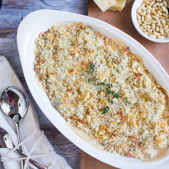 Brussels and Pearl Onion Gratin