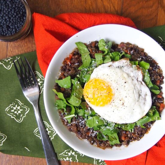 Lentil Stew w/ Fried Egg & Arugula