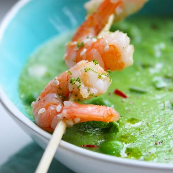 Pea & Mint Soup with Thai Shrimp