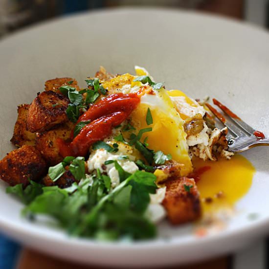 Fried Cornbread & Green Chile Eggs