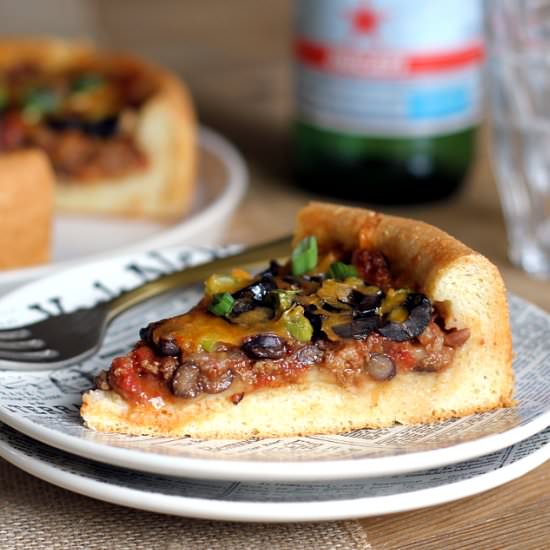Cheesy Chili-Filled Deep Dish Pizza