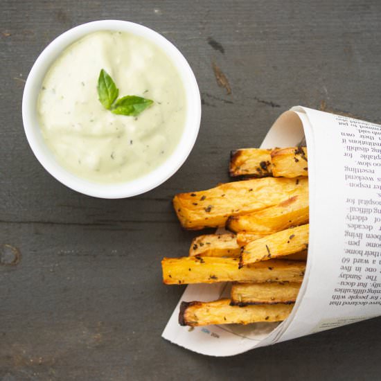Rutabaga Fries with Vegan Basil Mayo
