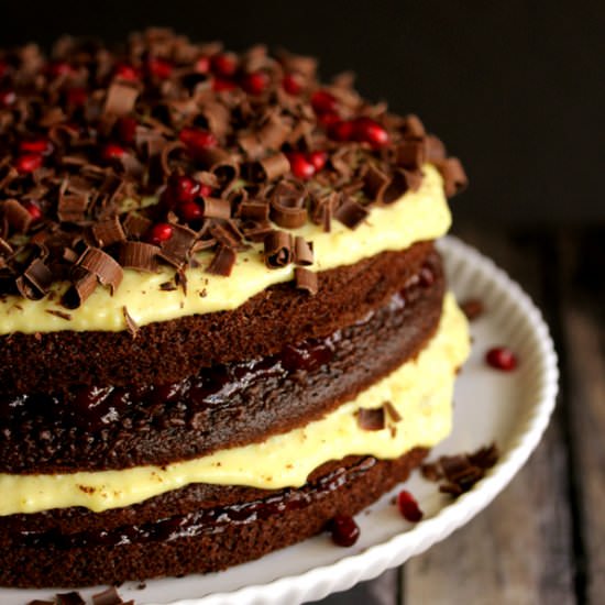 Chocolate Cherry Pom Eggnog Cake