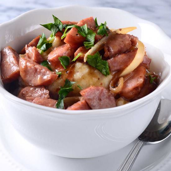 Smothered Kielbasa &Mashed Potatoes